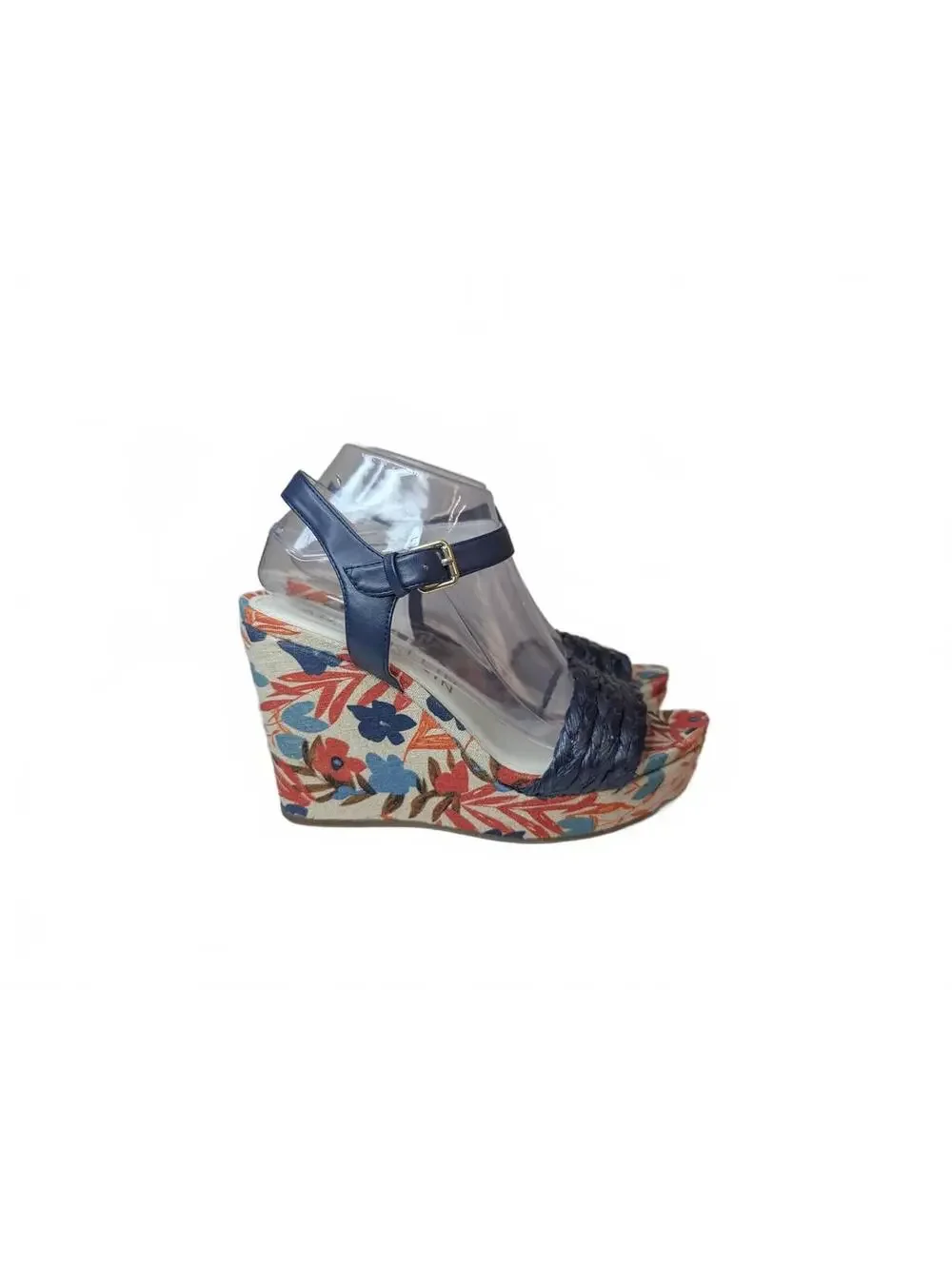 Anne Klein Floral Wedge Sandals Navy Braided Strap Size‎ 9